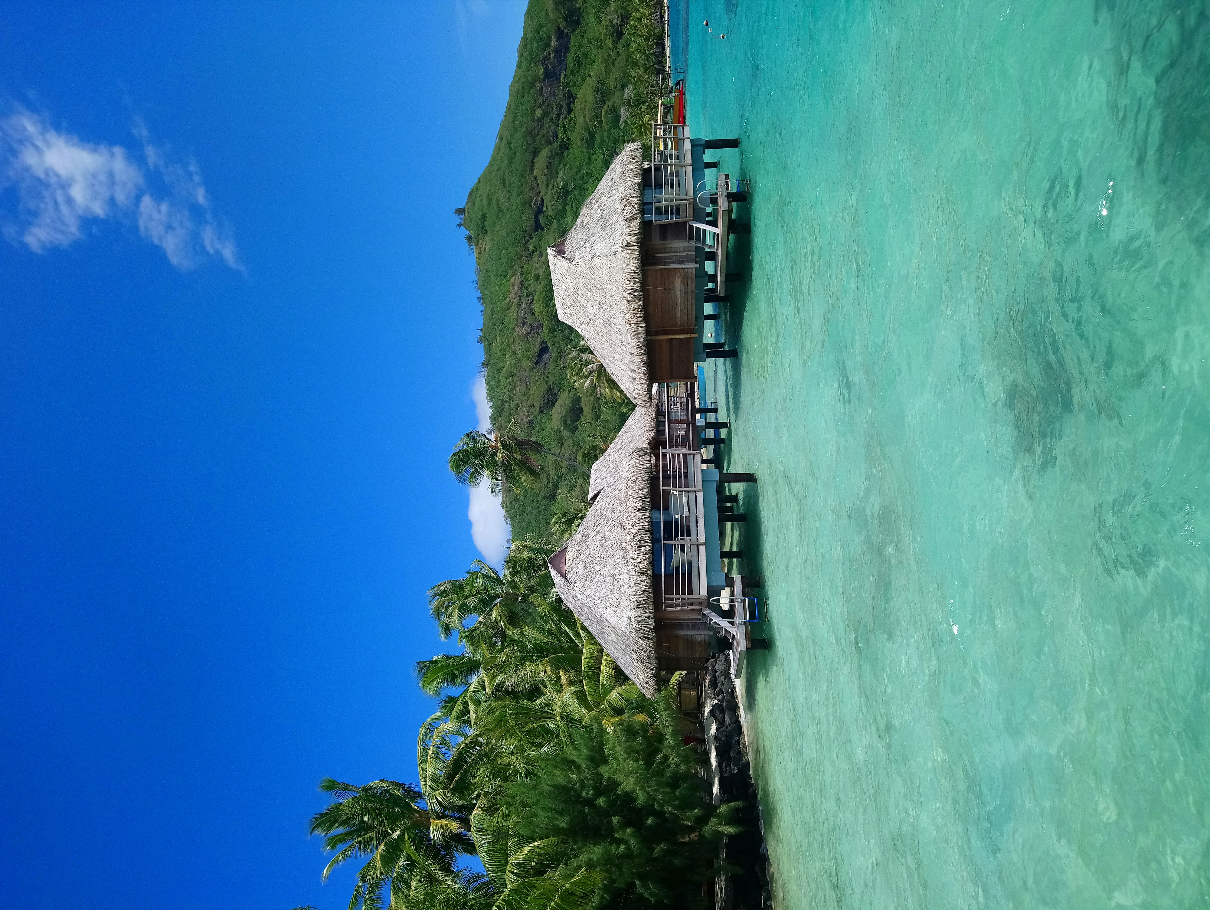 Overwater bungalows above the lagoon in Bora Bora
