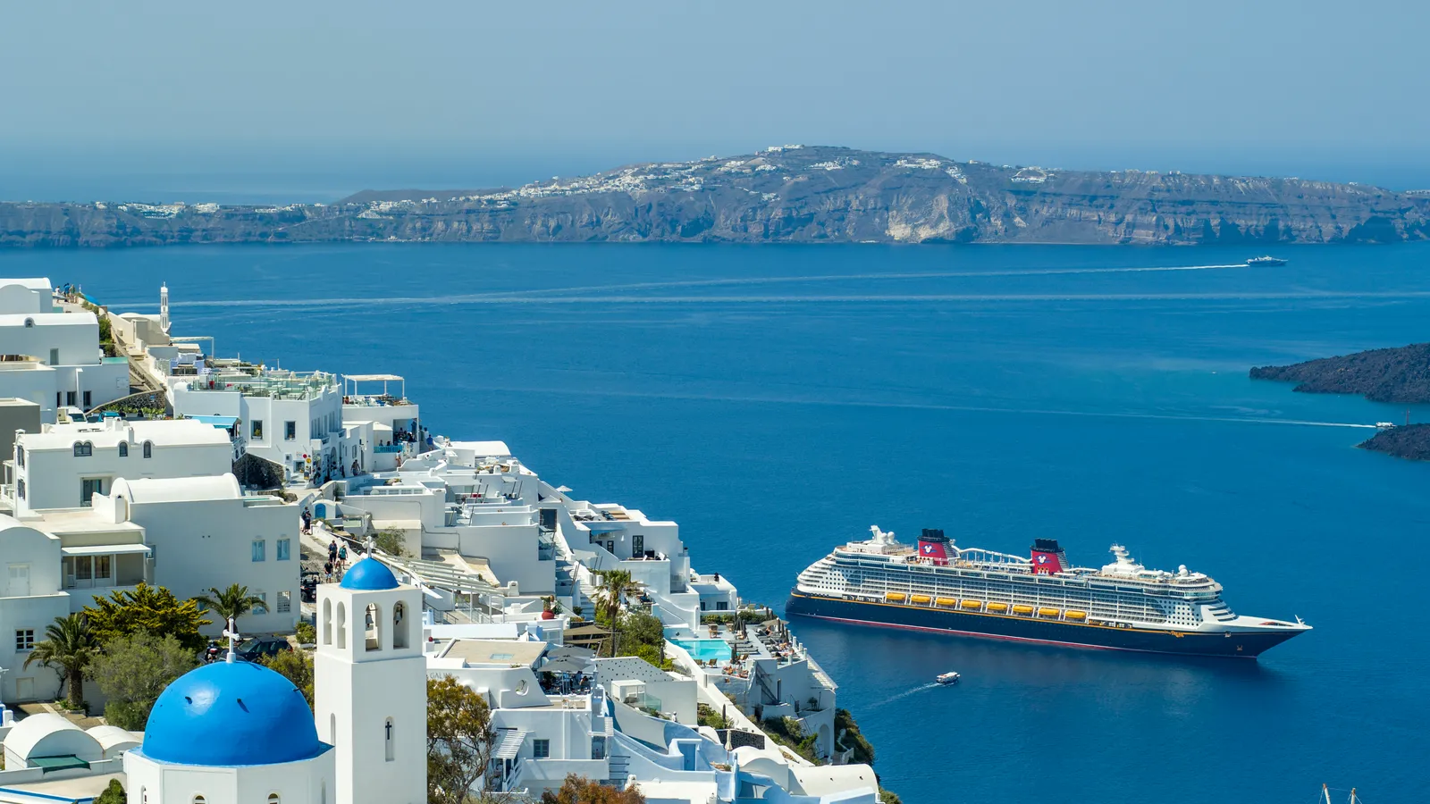 Cruise ships anchored near Santorini in the Mediterranean