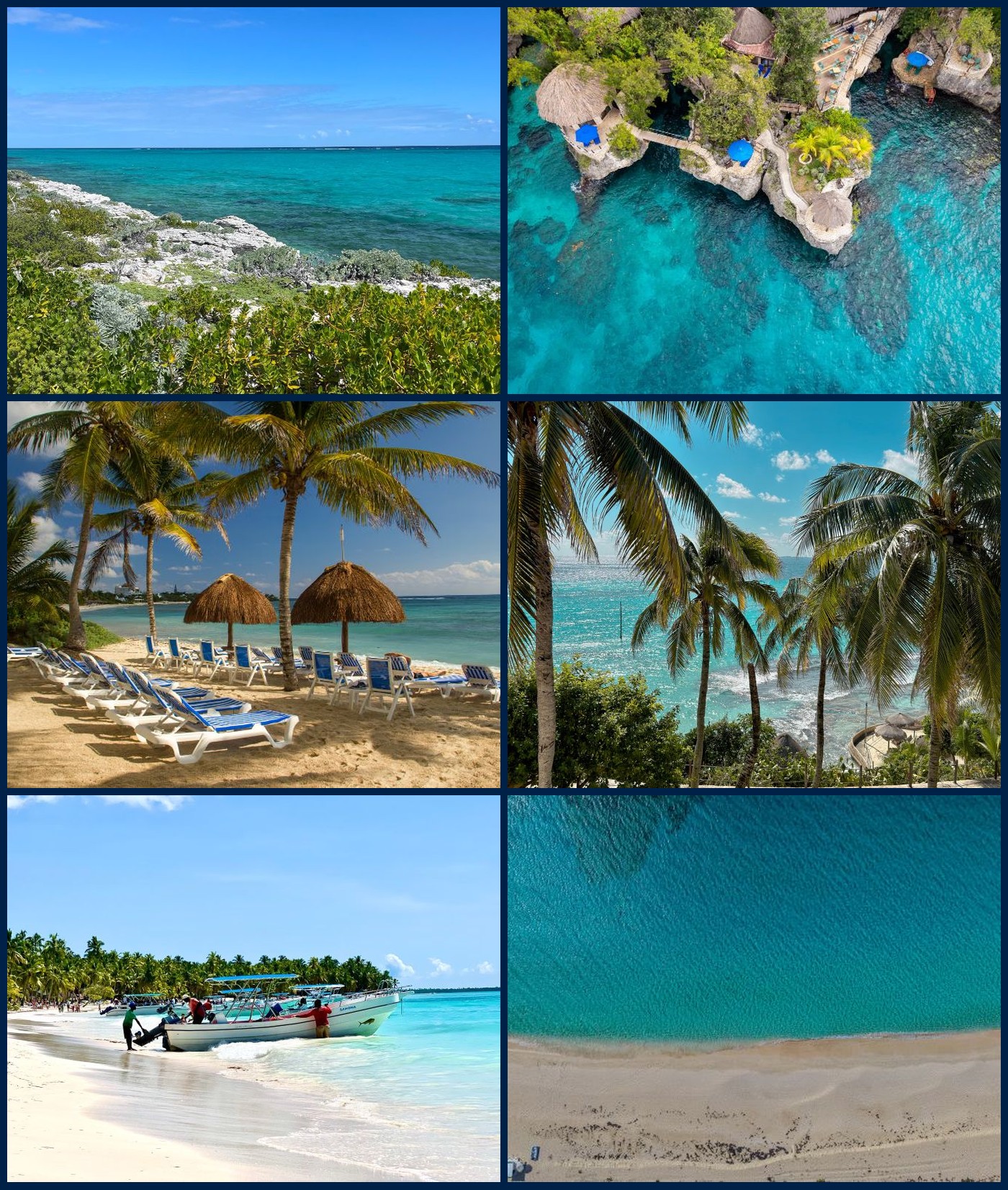 Collage of six Caribbean and Cancun-area beaches with turquoise water